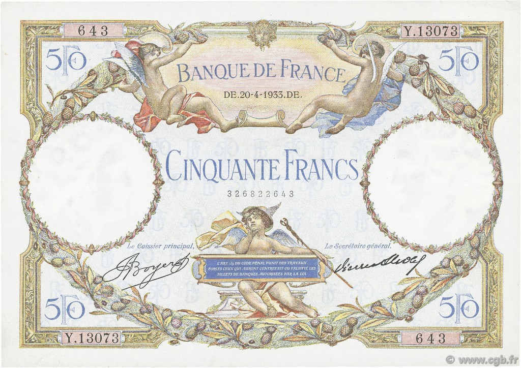 50 Francs LUC OLIVIER MERSON type modifié FRANKREICH  1933 F.16.04 fVZ