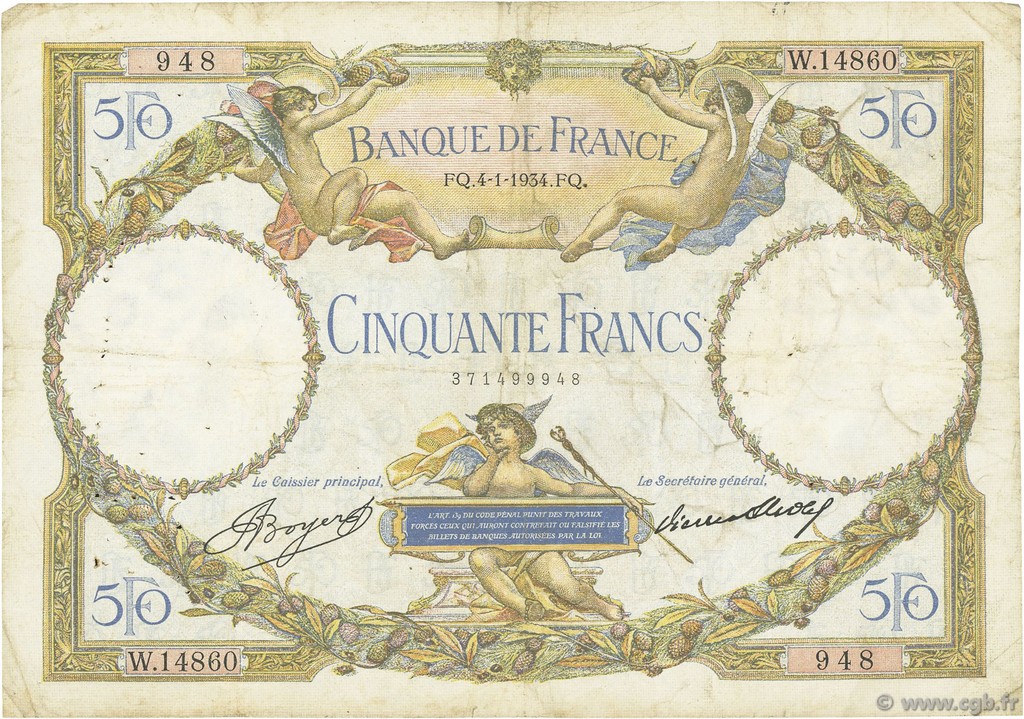 50 Francs LUC OLIVIER MERSON type modifié FRANCE  1934 F.16.05 TB