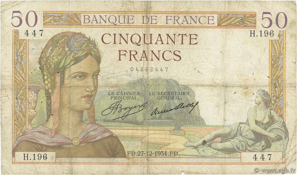 50 Francs CÉRÈS FRANCE  1934 F.17.02 VG