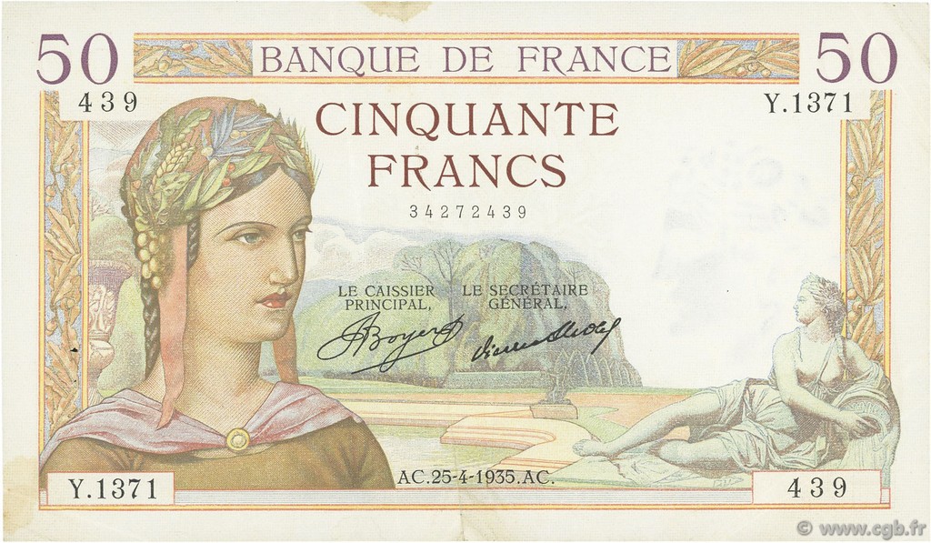50 Francs CÉRÈS FRANKREICH  1935 F.17.08 fVZ