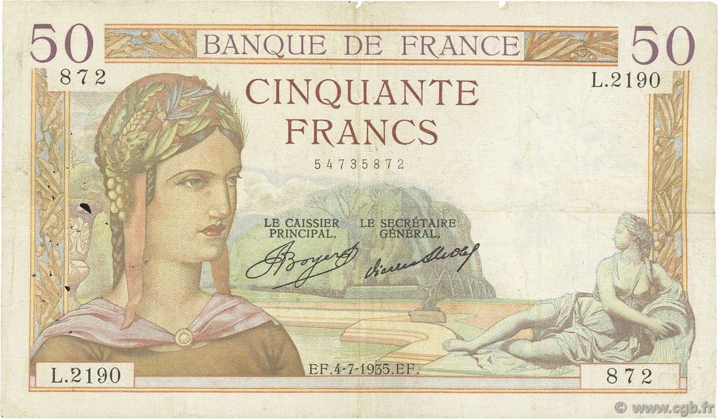 50 Francs CÉRÈS FRANKREICH  1935 F.17.12 S