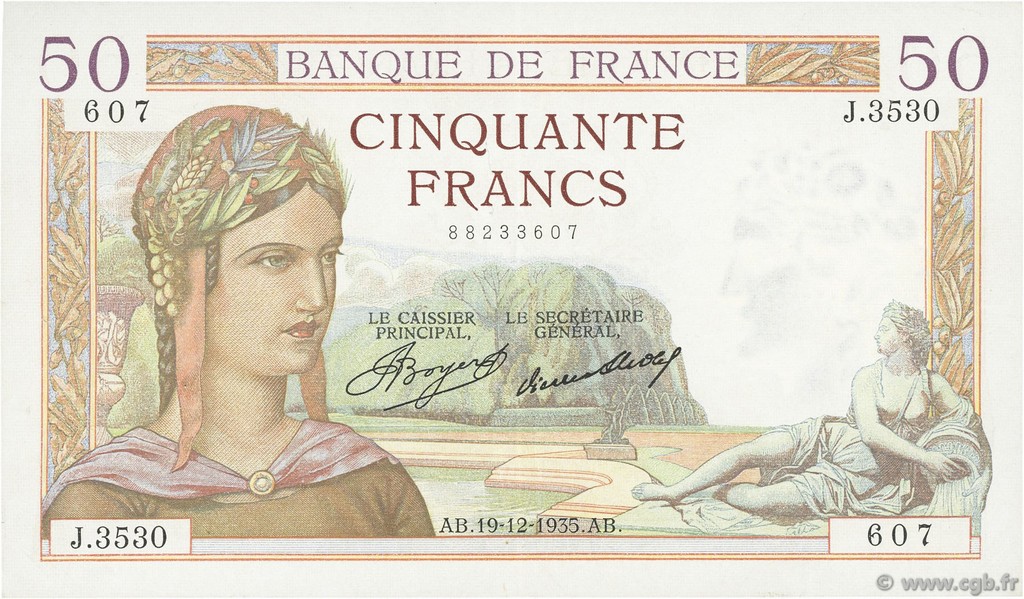 50 Francs CÉRÈS FRANKREICH  1935 F.17.21 fVZ
