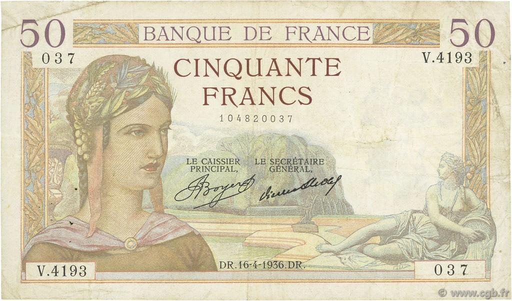 50 Francs CÉRÈS FRANCIA  1936 F.17.24 BC+