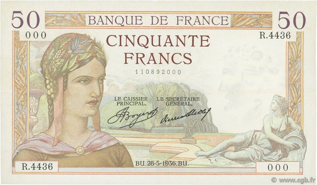 50 Francs CÉRÈS FRANCE  1936 F.17.26 XF+