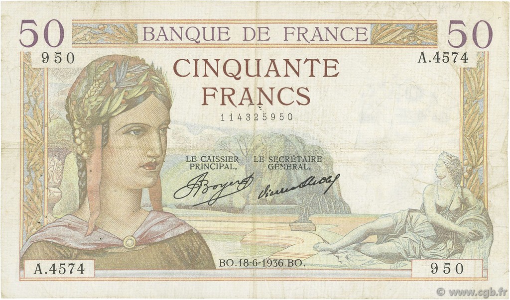 50 Francs CÉRÈS FRANKREICH  1936 F.17.27 fSS
