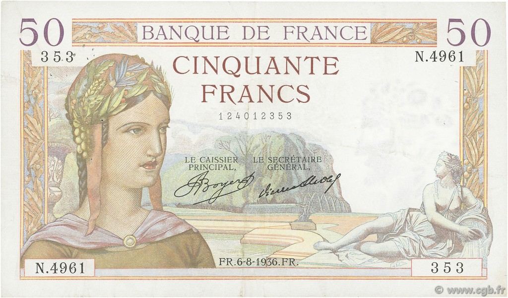 50 Francs CÉRÈS FRANCE  1936 F.17.29 VF+