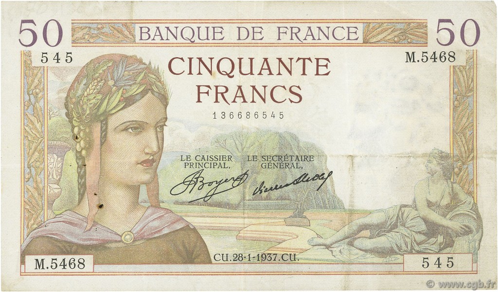 50 Francs CÉRÈS FRANCE  1937 F.17.33 VF
