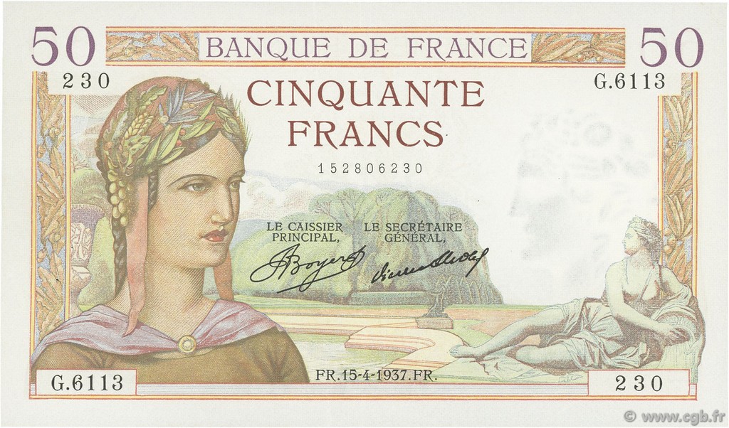 50 Francs CÉRÈS FRANKREICH  1937 F.17.37 VZ+