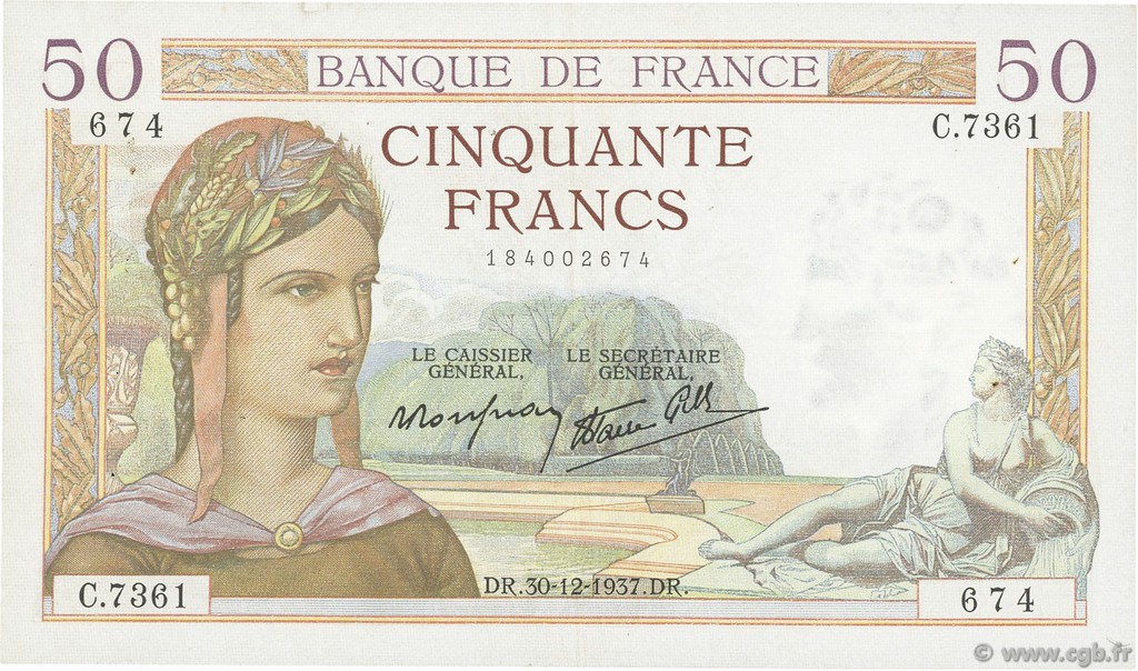 50 Francs CÉRÈS modifié FRANKREICH  1937 F.18.06 SS