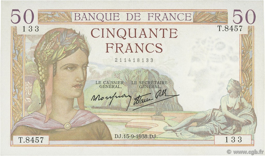 50 Francs CÉRÈS modifié FRANCE  1938 F.18.14 pr.SUP