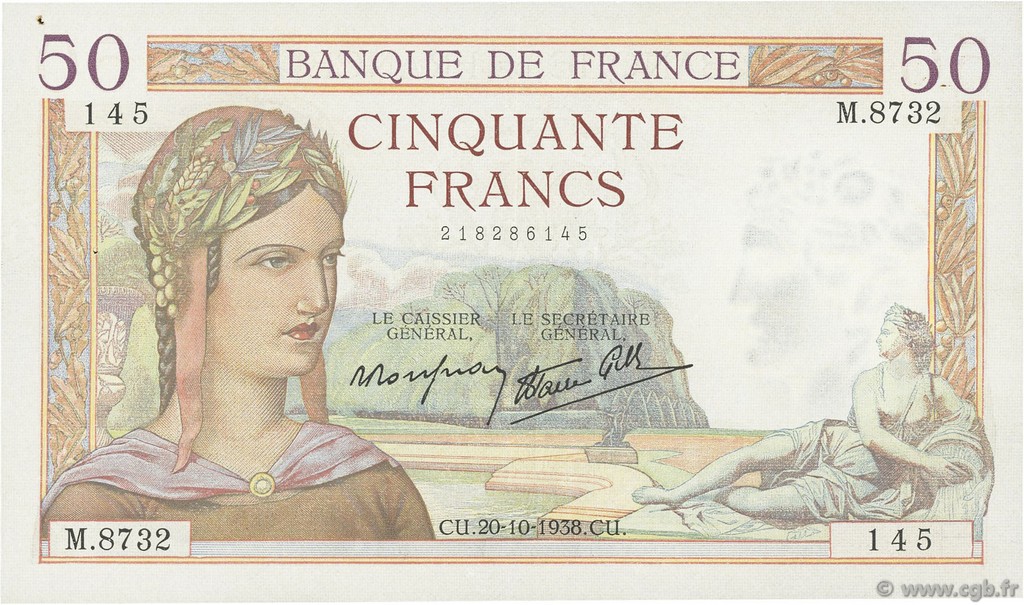 50 Francs CÉRÈS modifié FRANKREICH  1938 F.18.16 VZ