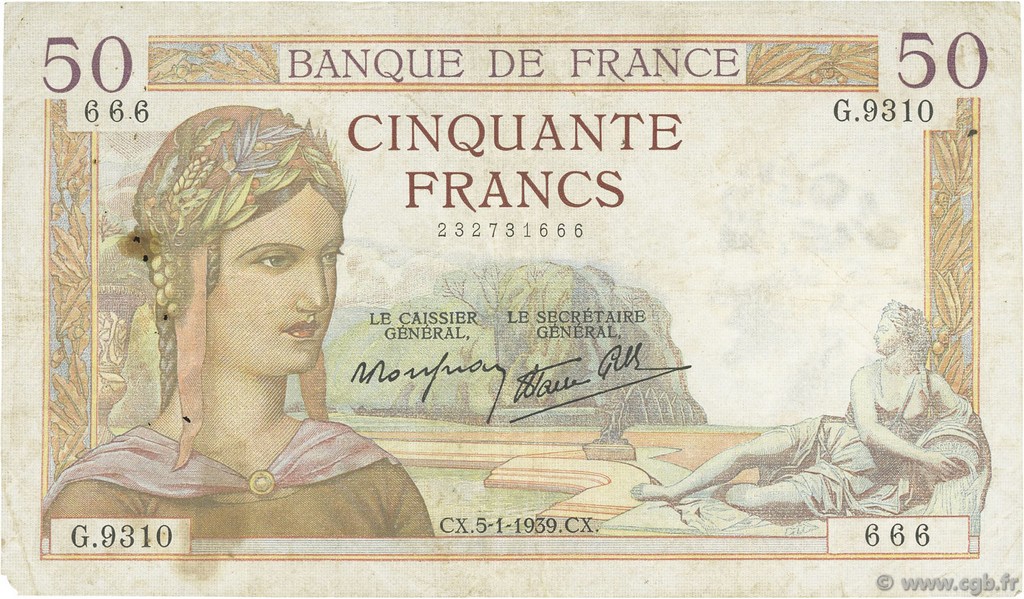 50 Francs CÉRÈS modifié FRANKREICH  1939 F.18.19 S