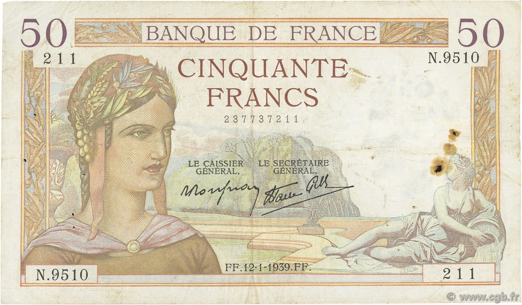 50 Francs CÉRÈS modifié FRANKREICH  1939 F.18.20 S