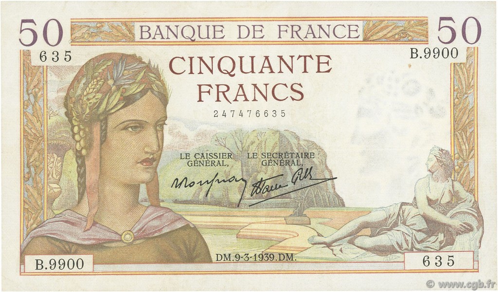 50 Francs CÉRÈS modifié FRANCE  1939 F.18.23 TTB