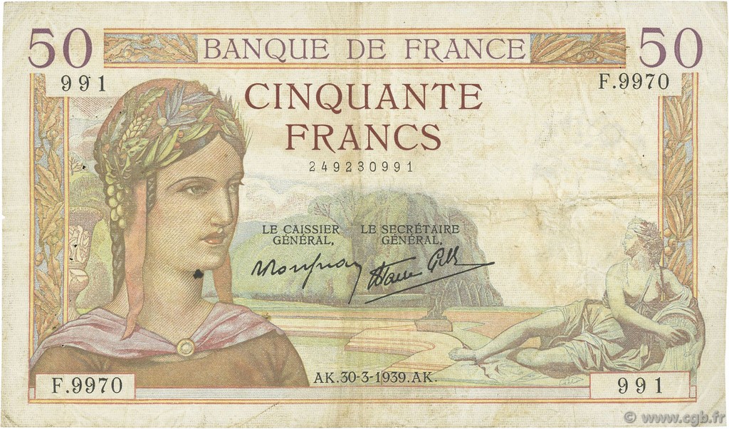 50 Francs CÉRÈS modifié FRANKREICH  1939 F.18.24 S