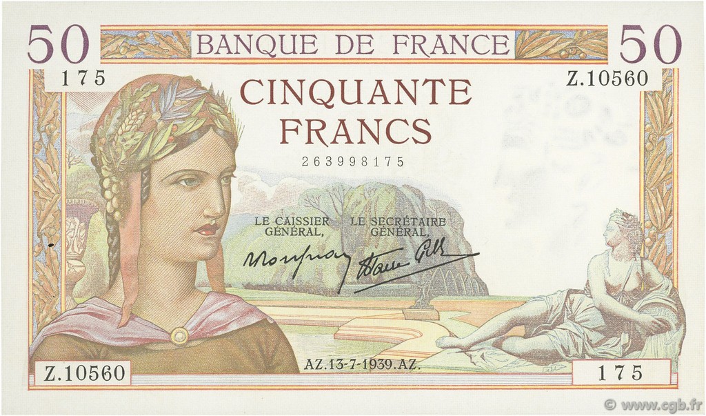 50 Francs CÉRÈS modifié FRANCIA  1939 F.18.28 EBC+