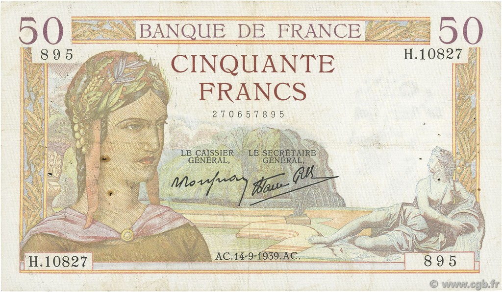 50 Francs CÉRÈS modifié FRANKREICH  1939 F.18.30 fSS