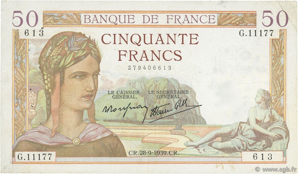 50 Francs CÉRÈS modifié FRANCIA  1939 F.18.32 MBC