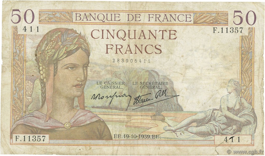 50 Francs CÉRÈS modifié FRANCE  1939 F.18.33 G