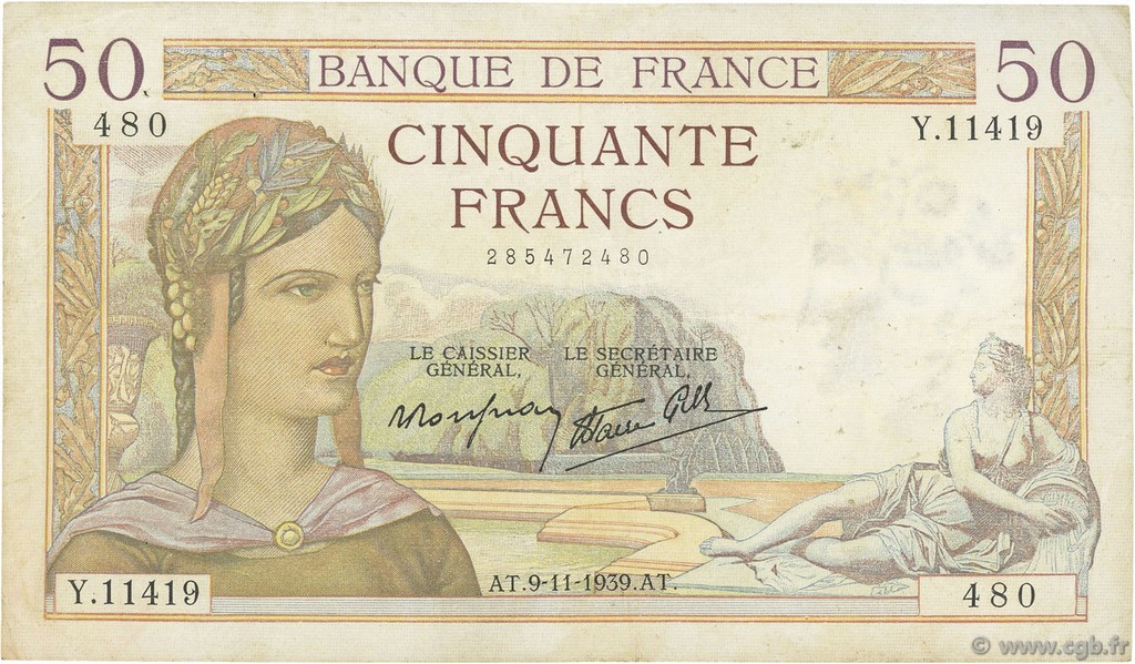 50 Francs CÉRÈS modifié FRANCE  1939 F.18.34 VF