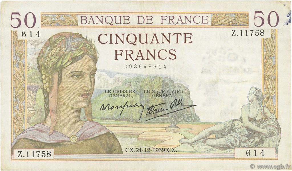 50 Francs CÉRÈS modifié FRANCIA  1939 F.18.36 BB