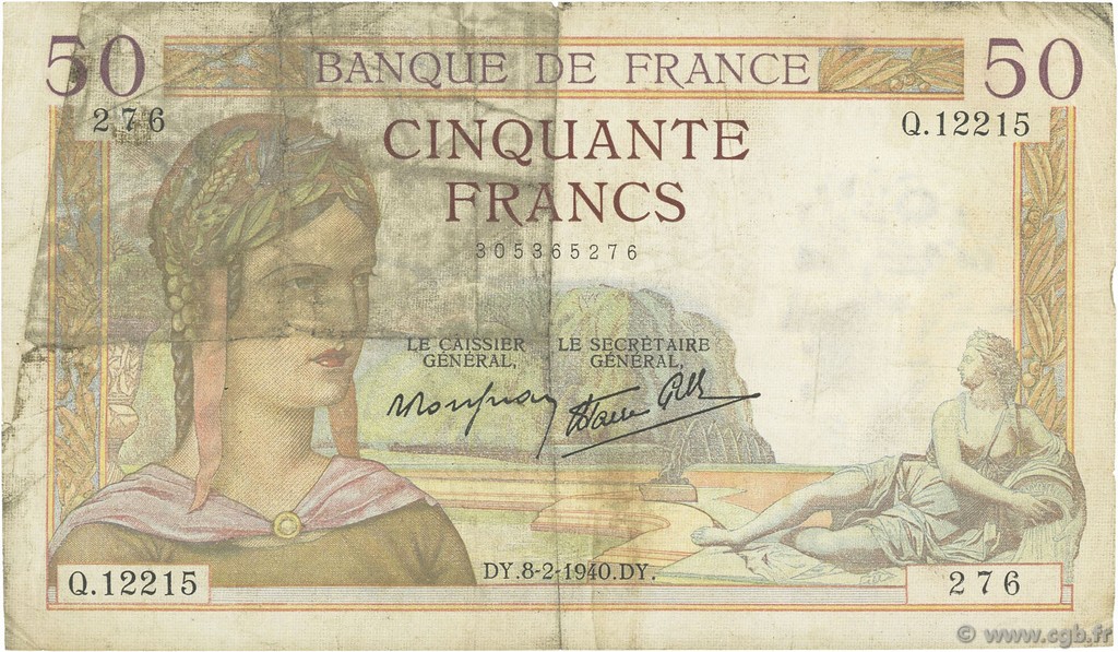 50 Francs CÉRÈS modifié FRANCE  1940 F.18.38 VG