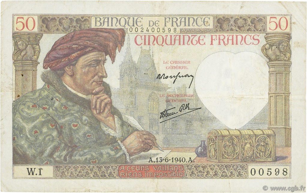 50 Francs JACQUES CŒUR FRANKREICH  1940 F.19.01 SS