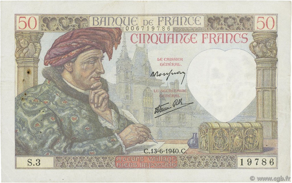 50 Francs JACQUES CŒUR FRANCIA  1940 F.19.01 MBC