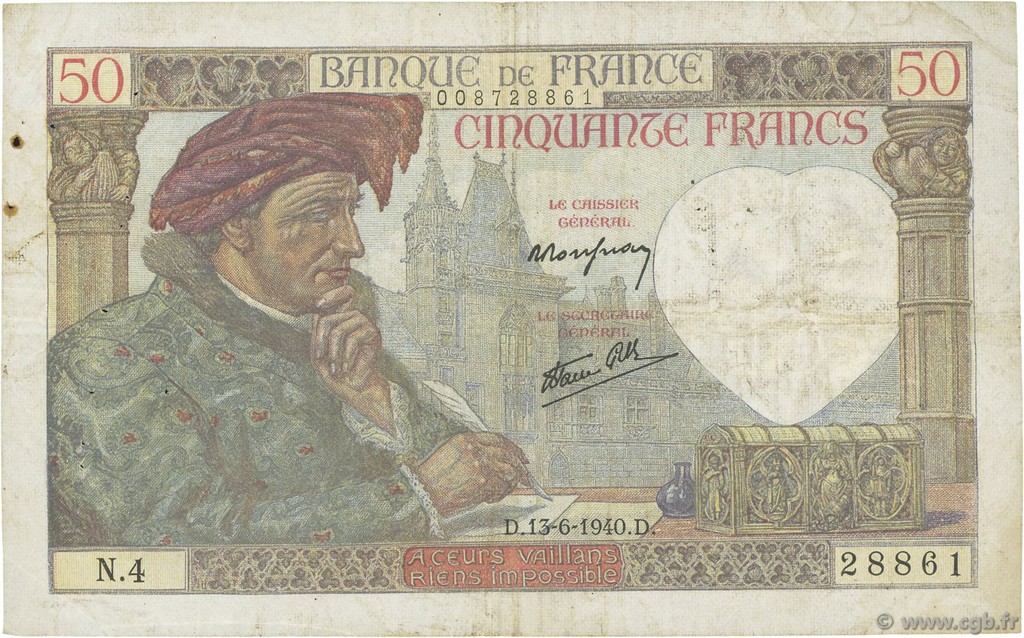 50 Francs JACQUES CŒUR FRANCE  1940 F.19.01 F+