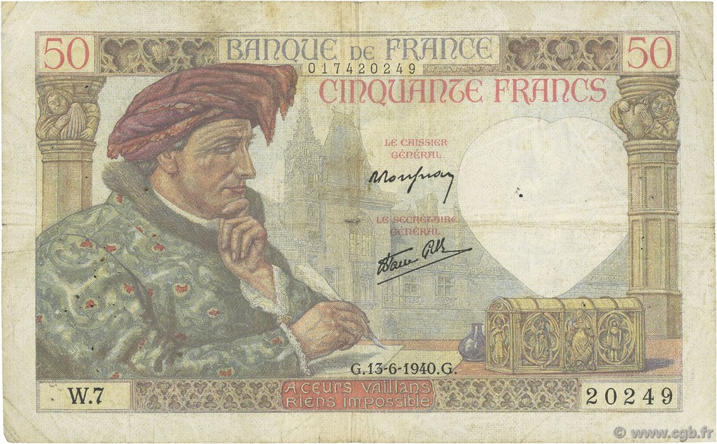 50 Francs JACQUES CŒUR FRANCIA  1940 F.19.01 BC