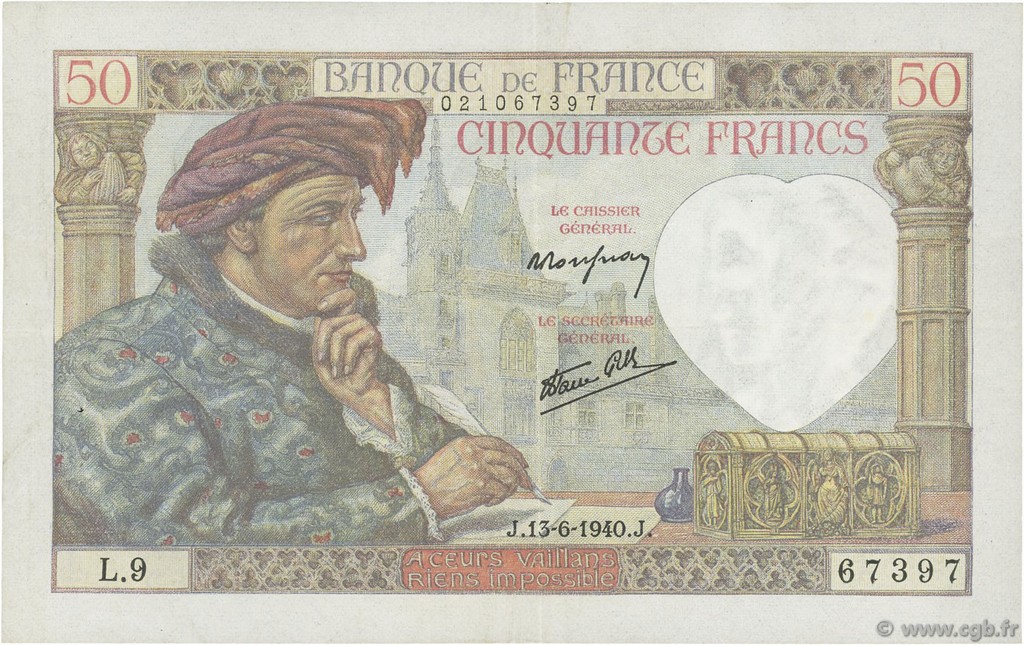 50 Francs JACQUES CŒUR FRANCE  1940 F.19.01 VF+