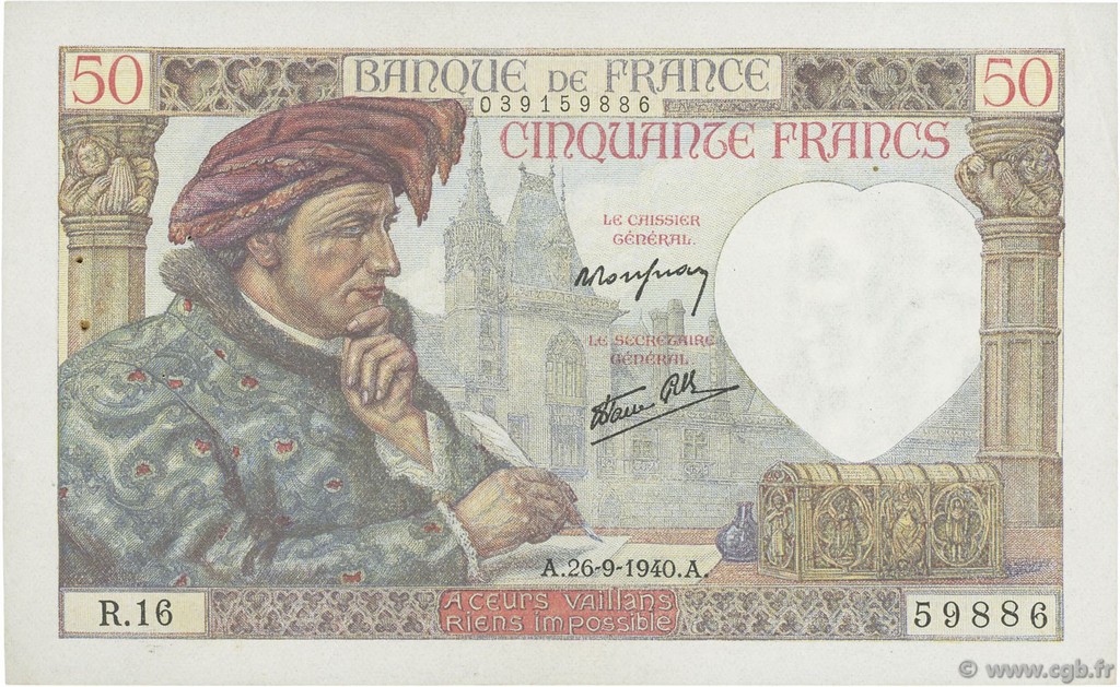 50 Francs JACQUES CŒUR FRANCE  1940 F.19.03 XF