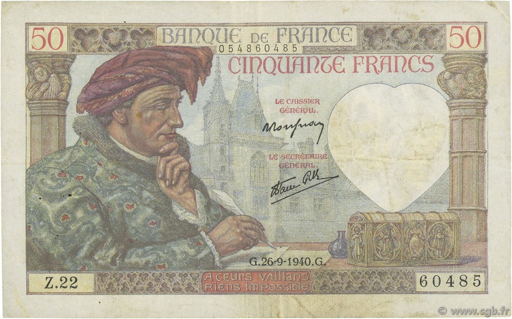 50 Francs JACQUES CŒUR FRANCE  1940 F.19.03 TTB