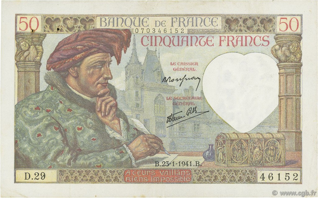 50 Francs JACQUES CŒUR FRANCIA  1941 F.19.05 MBC+