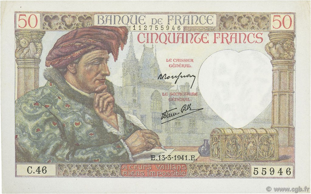 50 Francs JACQUES CŒUR FRANKREICH  1941 F.19.07 VZ+