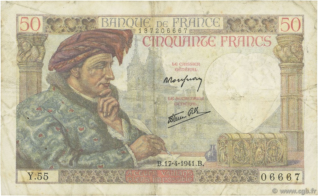 50 Francs JACQUES CŒUR FRANCE  1941 F.19.08 TB