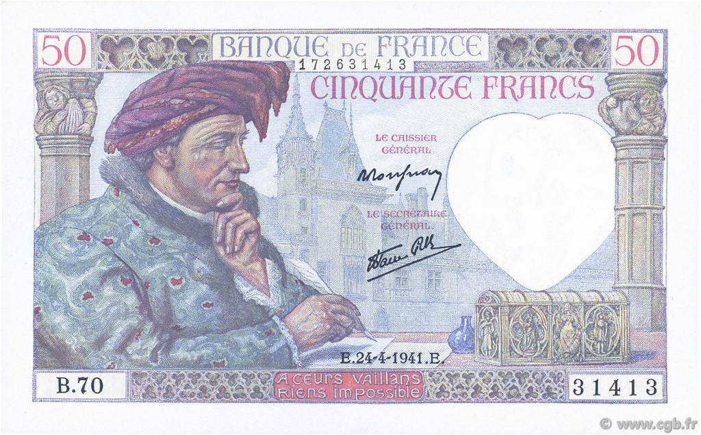 50 Francs JACQUES CŒUR FRANKREICH  1941 F.19.09 ST