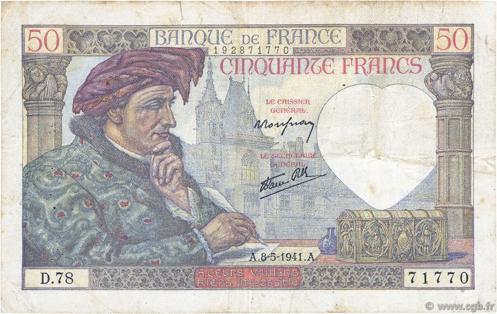 50 Francs JACQUES CŒUR FRANKREICH  1941 F.19.10 S