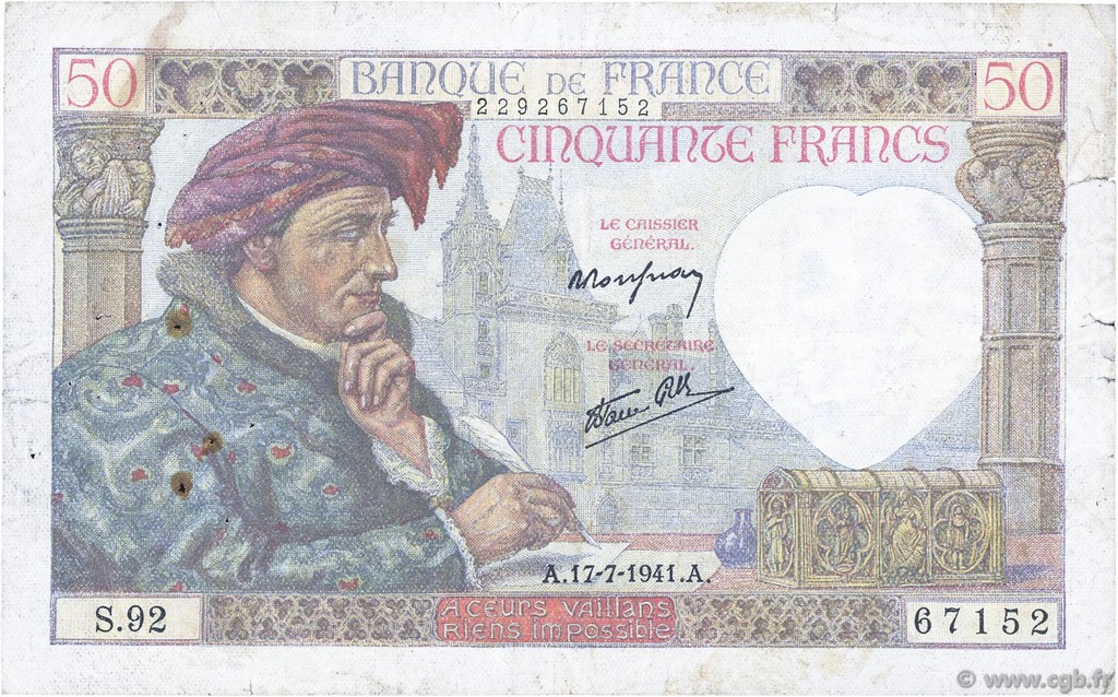 50 Francs JACQUES CŒUR FRANKREICH  1941 F.19.12 fS