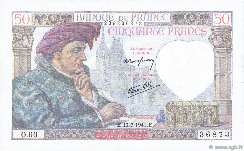 50 Francs JACQUES CŒUR FRANCIA  1941 F.19.12 MBC