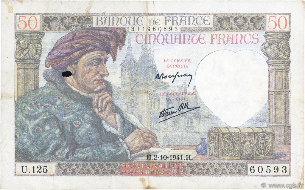 50 Francs JACQUES CŒUR FRANKREICH  1941 F.19.15 SS