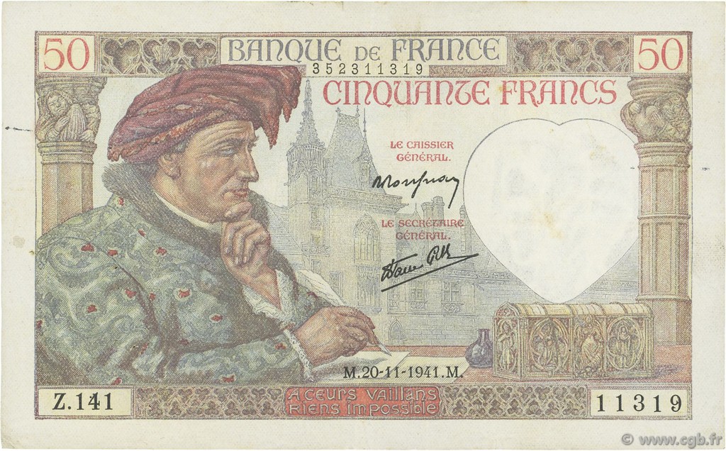 50 Francs JACQUES CŒUR FRANCE  1941 F.19.16 VF