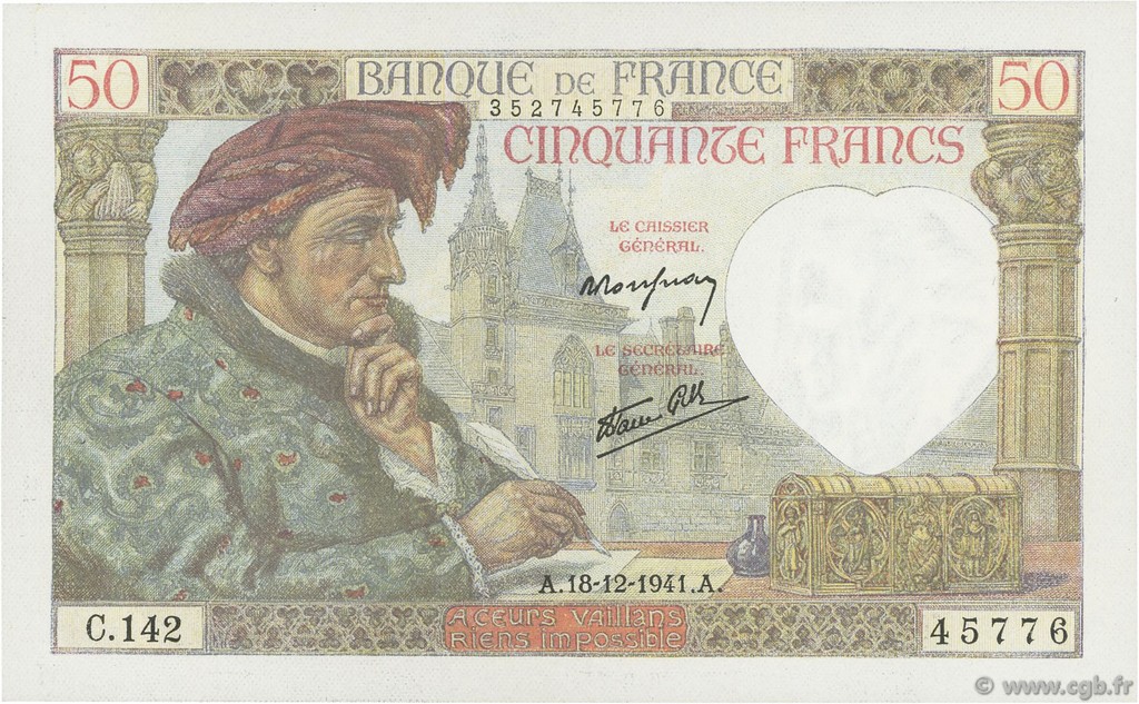 50 Francs JACQUES CŒUR FRANCIA  1941 F.19.17 AU