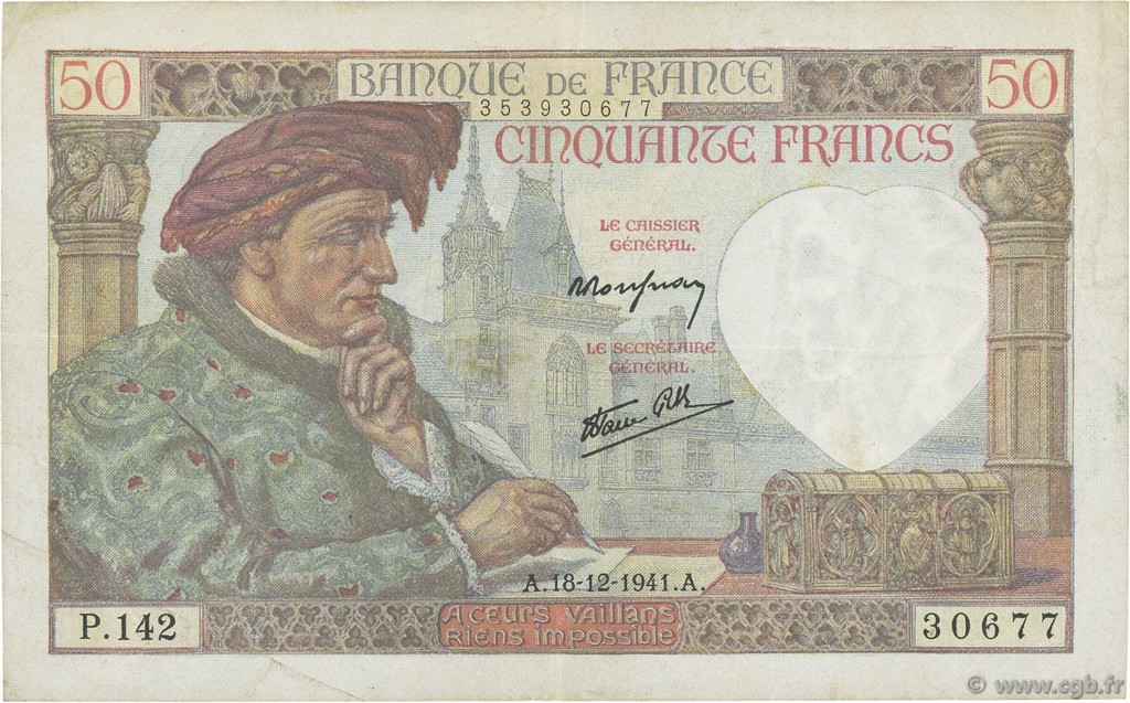 50 Francs JACQUES CŒUR FRANCE  1941 F.19.17 VF