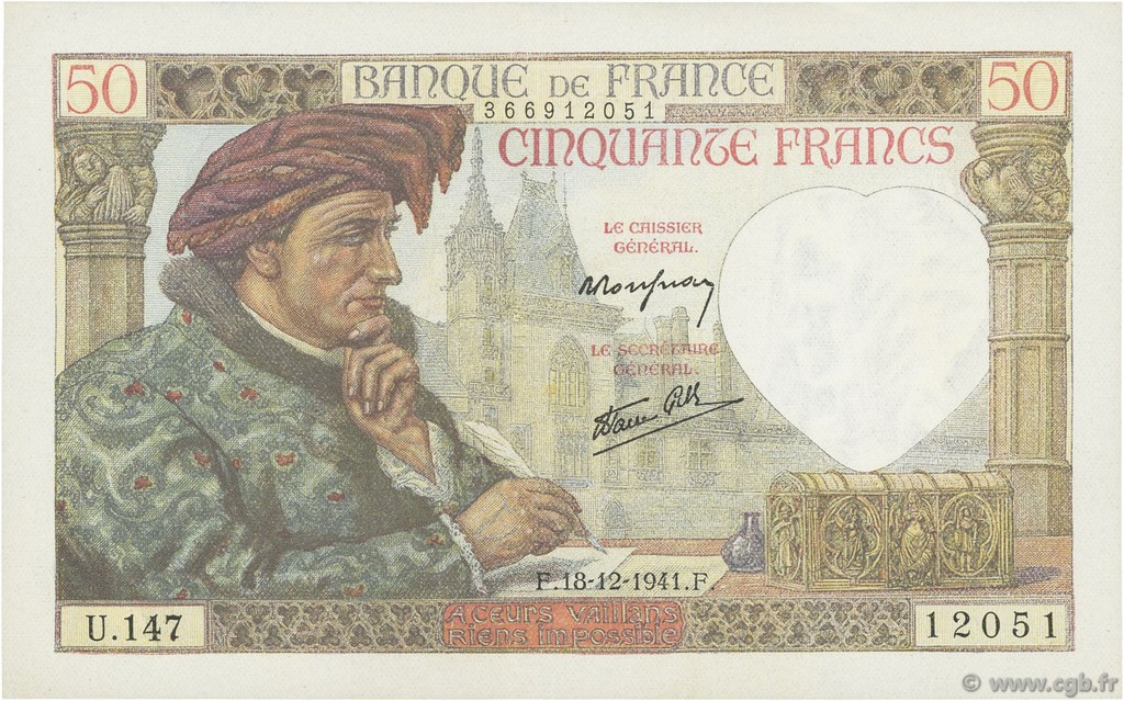 50 Francs JACQUES CŒUR FRANCE  1941 F.19.17 SUP