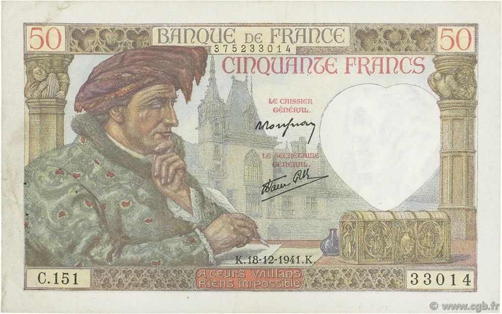 50 Francs JACQUES CŒUR FRANCIA  1941 F.19.17 q.SPL