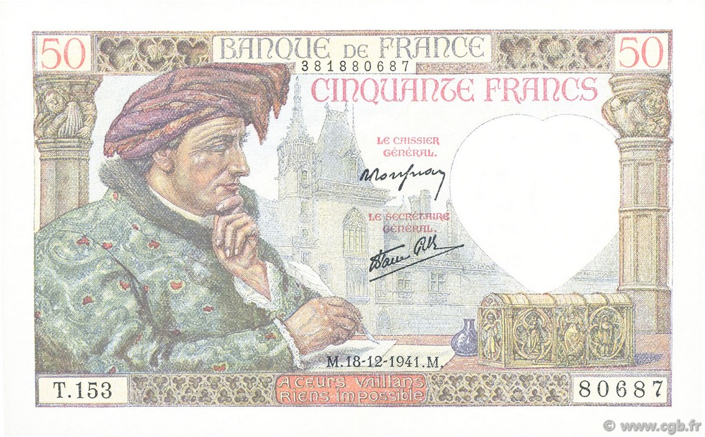 50 Francs JACQUES CŒUR FRANCE  1941 F.19.17 XF