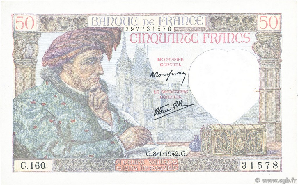 50 Francs JACQUES CŒUR FRANCIA  1942 F.19.18 SPL