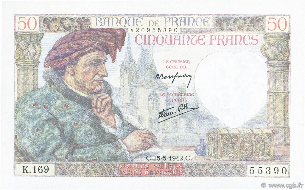 50 Francs JACQUES CŒUR FRANCIA  1942 F.19.20 q.FDC