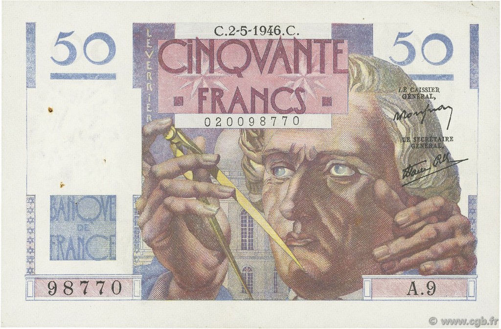 50 Francs LE VERRIER FRANCIA  1946 F.20.03 SPL
